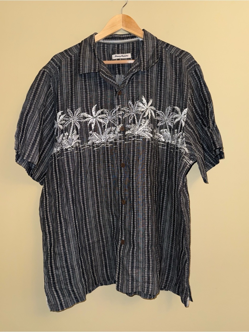 Tommy Bahama Men’s Linen Cotton Grey White Palm Tree Button Up XL Travel Resort